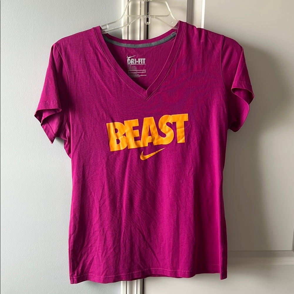 Nike Magenta V-Neck T-Shirt with 'BEAST' Graphic